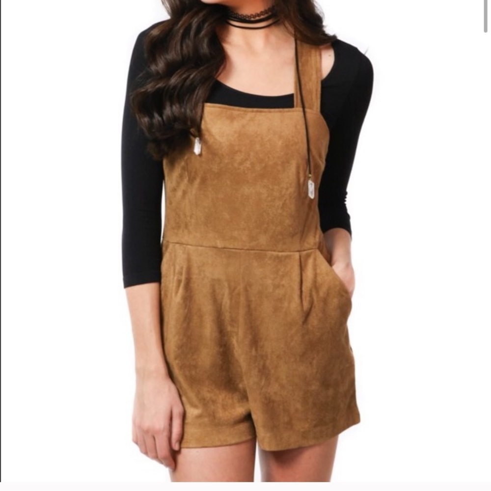 BB DAKOTA FAUX FUR SUEDE TAN ROMPER SHORT